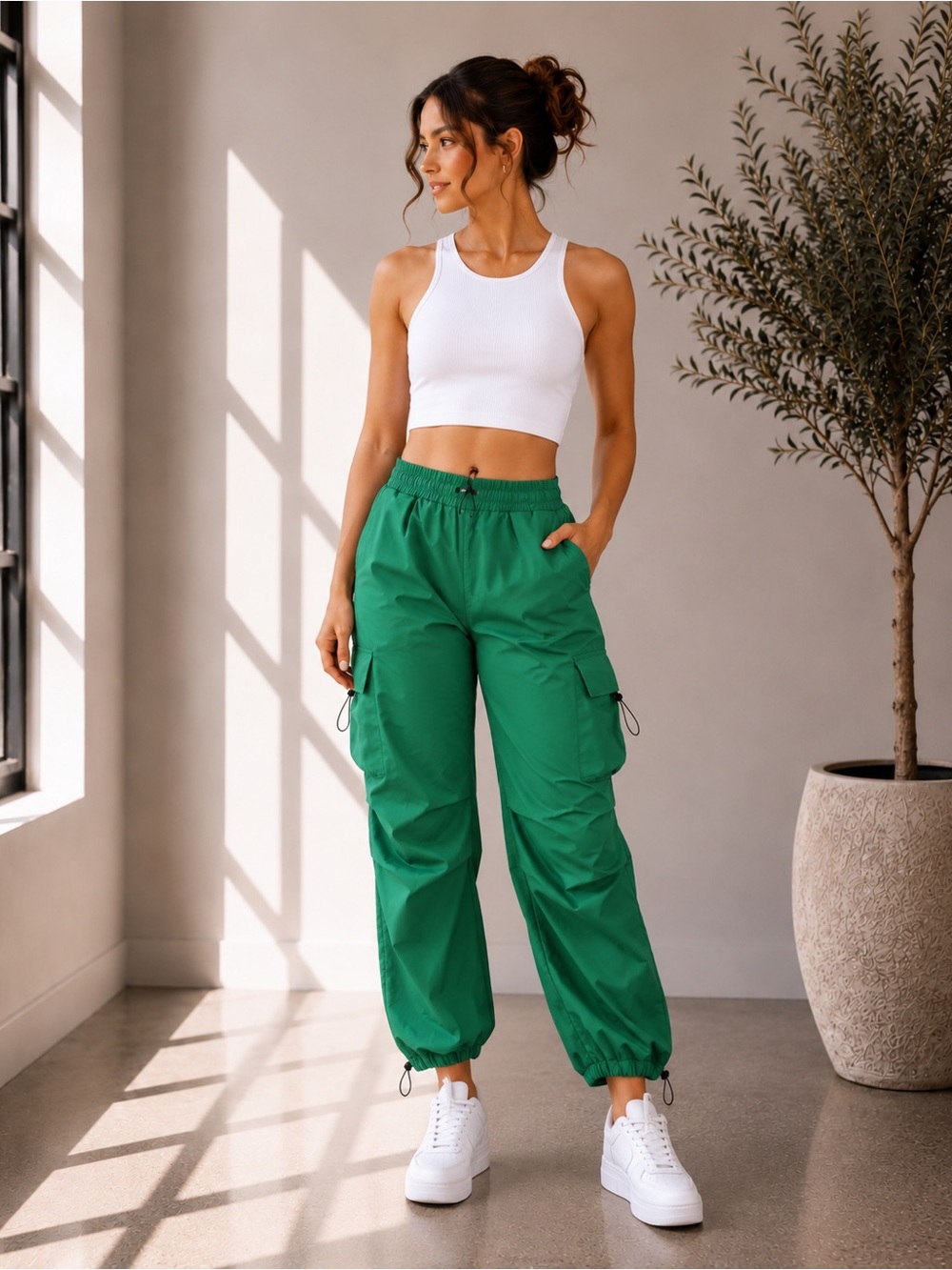 415. Parachute Ruched Cargo Pants in Pine green